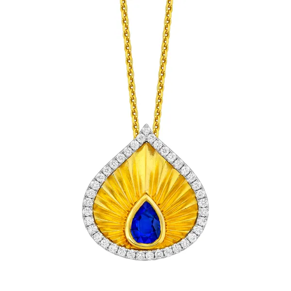 18K Yellow Gold Sapphire Diamond Edge Fan Pendant Gary J. Long Jewelers Stockton, CA