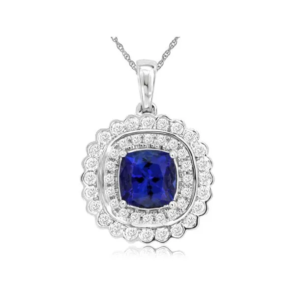 14K White Gold Cushion Tanzanite Double Row Diamond Halo Pendant Gary J. Long Jewelers Stockton, CA