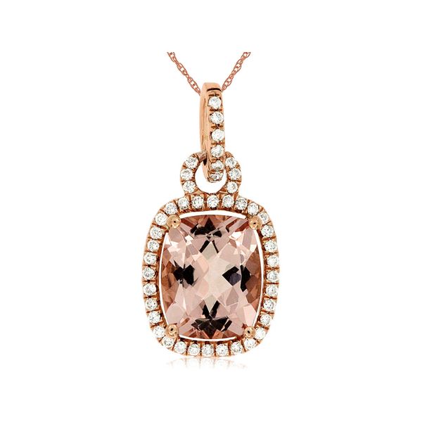 14K Rose Gold Morganite Diamond Halo Pendant Gary J. Long Jewelers Stockton, CA
