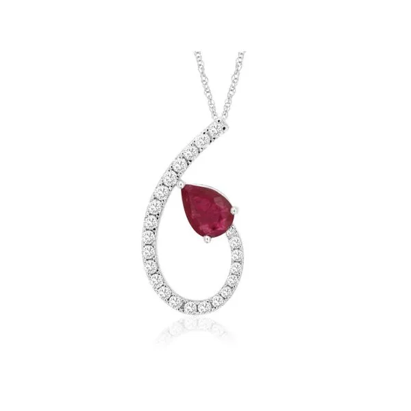 14K White Pear Ruby Diamond Swirl Pendant Gary J. Long Jewelers Stockton, CA