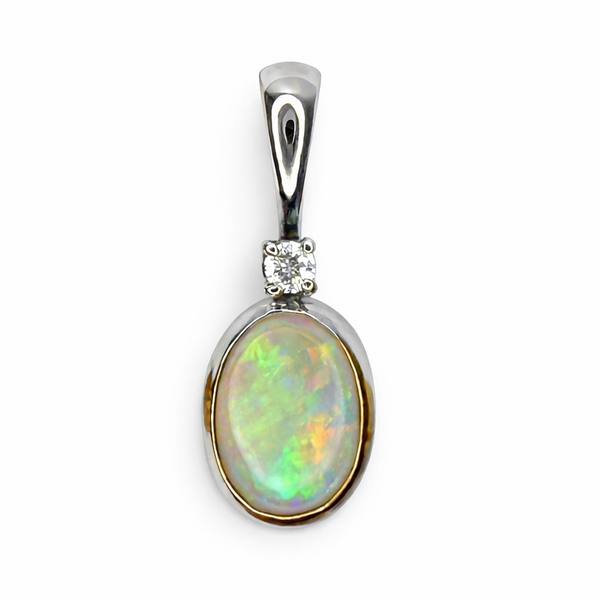 14Kt White Opal Diamond Bezel Set Pendant Gary J. Long Jewelers Stockton, CA