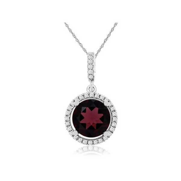 14K White Gold Garnet Diamond Halo Pendant Gary J. Long Jewelers Stockton, CA