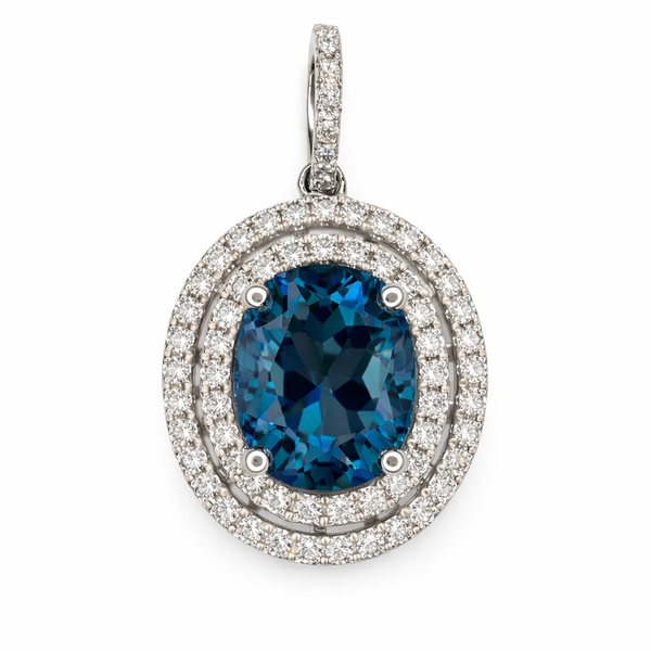 14KW LONDON BLUE TOPAZ DIAMOND HALO PENDANT Gary J. Long Jewelers Stockton, CA