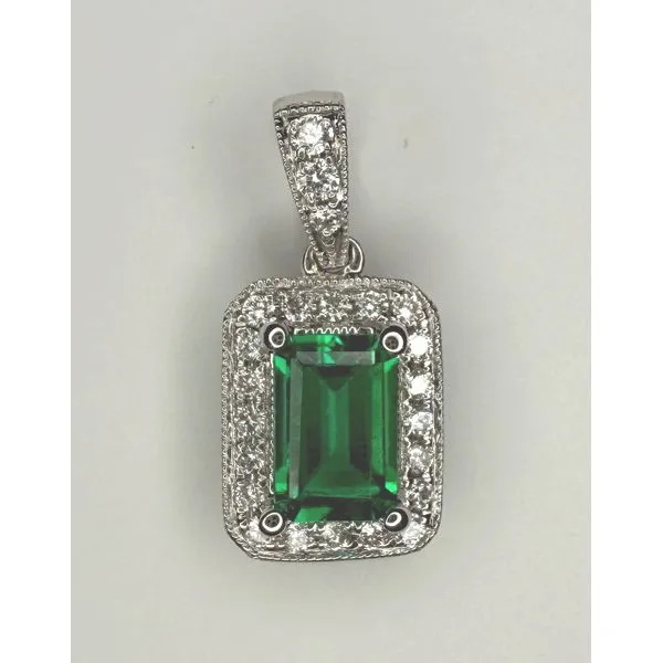 14KW GILSON EMERALD DIAMOND HALO PENDANT Gary J. Long Jewelers Stockton, CA