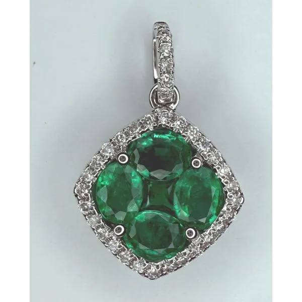 18KW EMERALD CLUSTER DIAMOND HALO PENDANT Gary J. Long Jewelers Stockton, CA