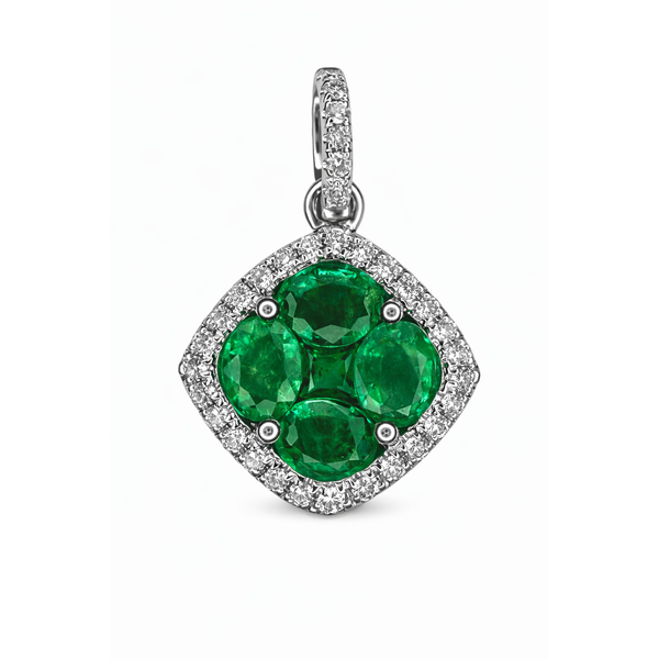 18KW EMERALD CLUSTER DIAMOND HALO PENDANT Gary J. Long Jewelers Stockton, CA