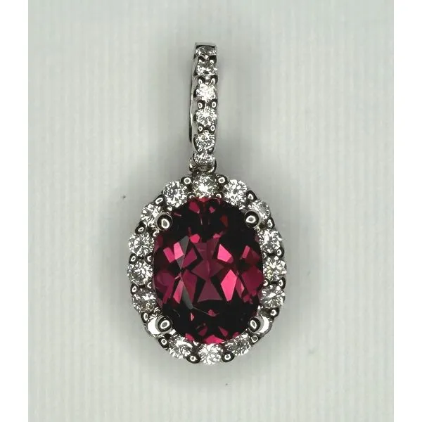 14KW RHODOLITE GARNET DIAMOND HALO PENDANT Gary J. Long Jewelers Stockton, CA
