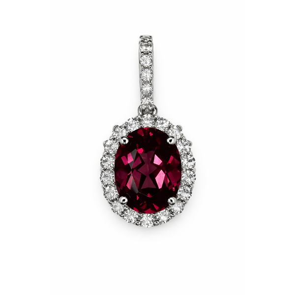 14KW RHODOLITE GARNET DIAMOND HALO PENDANT Gary J. Long Jewelers Stockton, CA