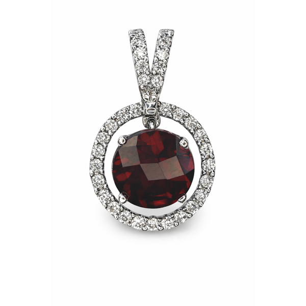 18KW GARNET DIAMOND CIRCLE PENDANT Gary J. Long Jewelers Stockton, CA