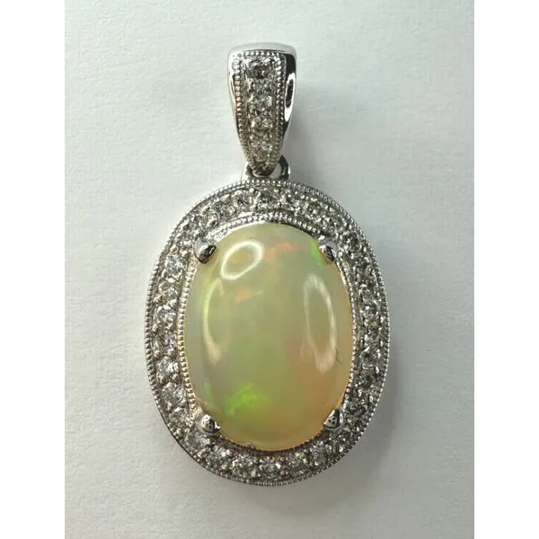 18KW ETHIOPIAN OPAL DIAMOND HALO PENDANT Gary J. Long Jewelers Stockton, CA