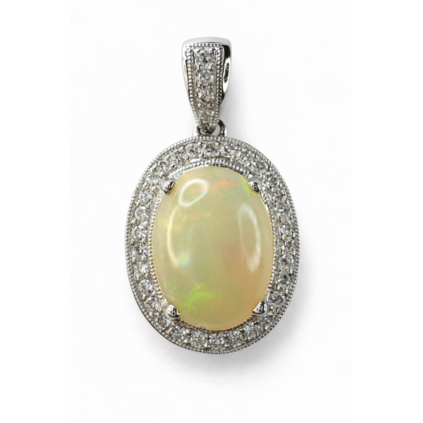 18KW ETHIOPIAN OPAL DIAMOND HALO PENDANT Gary J. Long Jewelers Stockton, CA