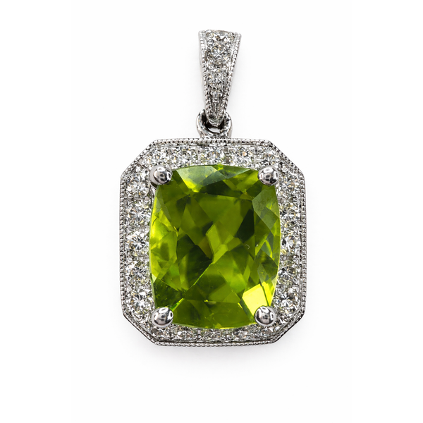 18KW PERIDOT DIAMOND HALO PENDANT Gary J. Long Jewelers Stockton, CA