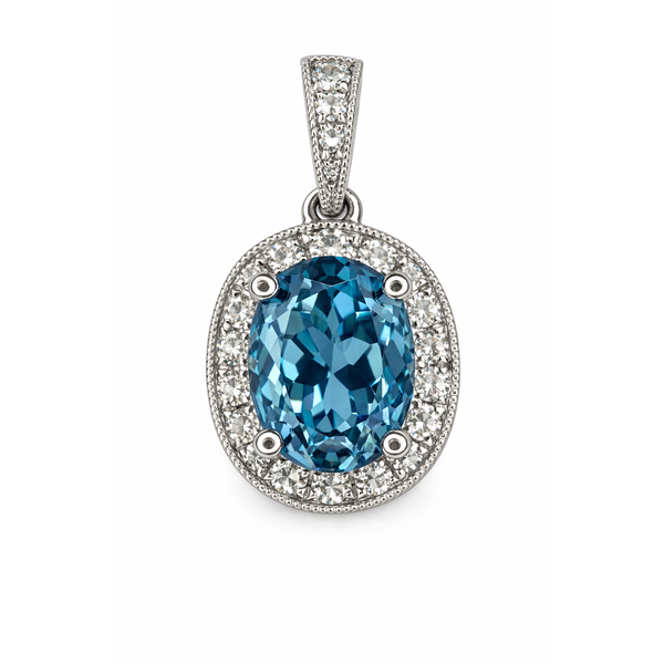 18KW AQUAMARINE DIAMOND HALO PENDANT Gary J. Long Jewelers Stockton, CA
