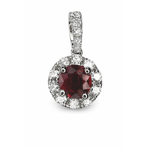18KW RUBY DIAMOND HALO PENDANT Gary J. Long Jewelers Stockton, CA