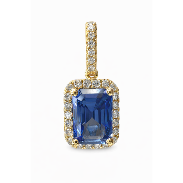 18KY BLUE SAPPHIRE DIAMOND HALO PENDANT Gary J. Long Jewelers Stockton, CA