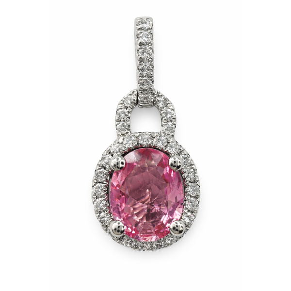 14KW PINK SAPPHIRE DIAMOND HALO PENDANT Gary J. Long Jewelers Stockton, CA