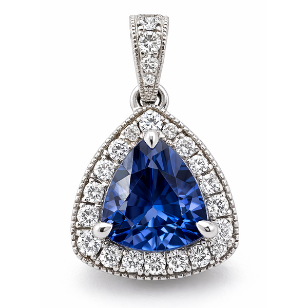 18KW BLUE SAPPHIRE DIAMOND HALO PENDANT Gary J. Long Jewelers Stockton, CA