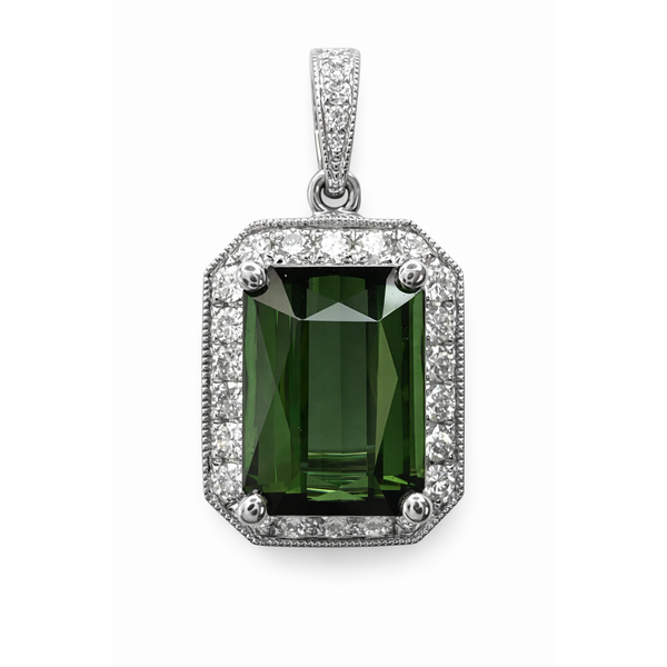 18KW TOURMALINE DIAMOND HALO PENDANT Gary J. Long Jewelers Stockton, CA