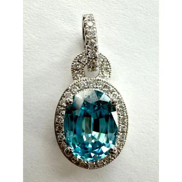 14KW BLUE ZIRCON DIAMOND HALO PENDANT Gary J. Long Jewelers Stockton, CA