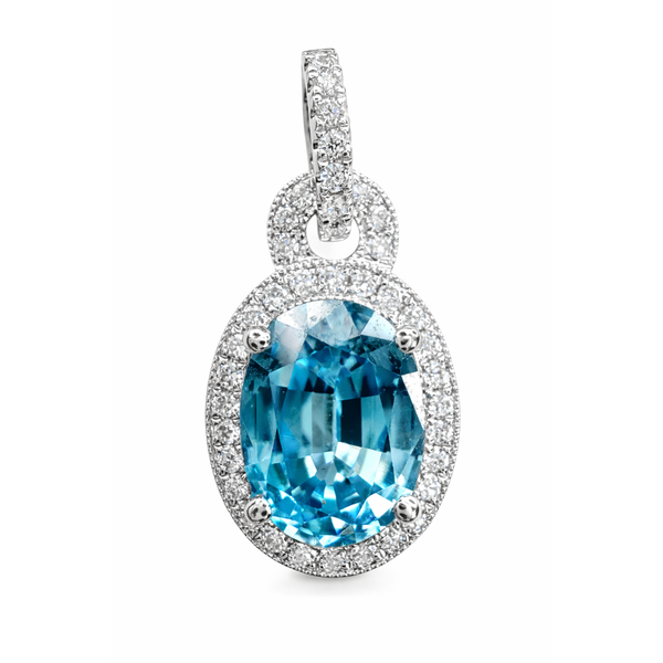 14KW BLUE ZIRCON DIAMOND HALO PENDANT Gary J. Long Jewelers Stockton, CA