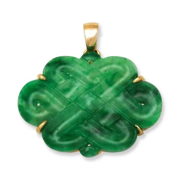 18K Yellow Gold Endless Knot Carved Green Jade Pendant Gary J. Long Jewelers Stockton, CA