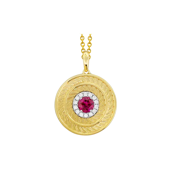 18K Tricolor Ruby Diamond Medallion Pendant Gary J. Long Jewelers Stockton, CA