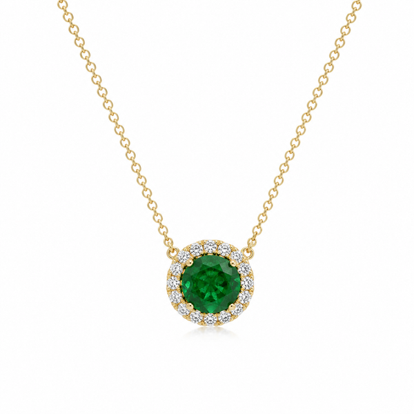14K Yellow Gold .45ct Round Emerald & Diamond Halo Necklace Gary J. Long Jewelers Stockton, CA