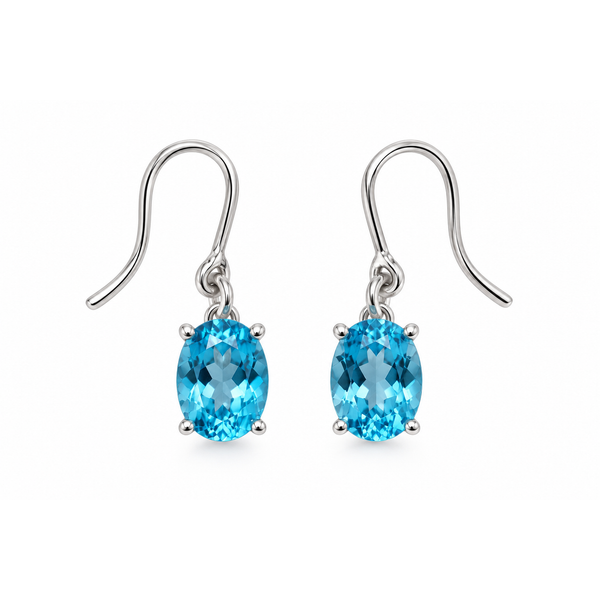 14K white gold blue topaz dangle earrings, 3.52ctw blue topaz earrings, oval blue topaz drop earrings, Swiss blue topaz earri