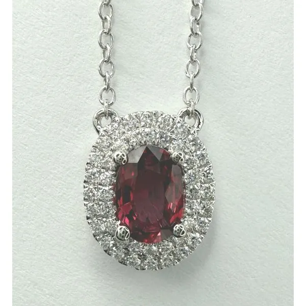18KW RUBY 2ROW DIAMOND HALO NECKLACE Gary J. Long Jewelers Stockton, CA