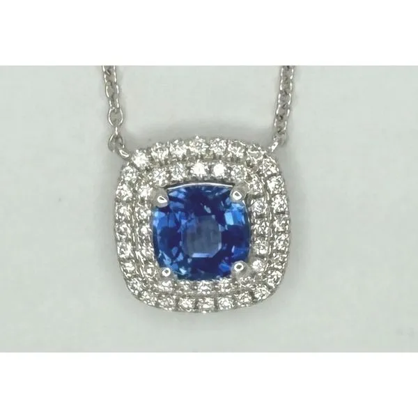 18KW BLUE SAPPHIRE 2ROW DIAMOND HALO NECKLACE Gary J. Long Jewelers Stockton, CA