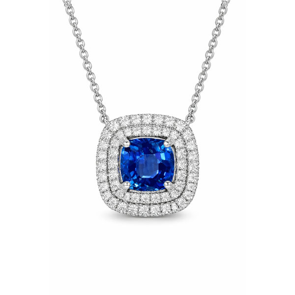 18KW BLUE SAPPHIRE 2ROW DIAMOND HALO NECKLACE Gary J. Long Jewelers Stockton, CA
