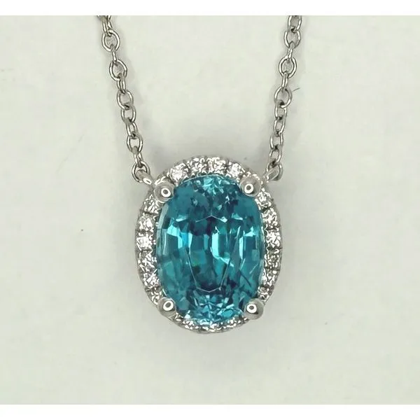18KW BLUE ZIRCON DIAMOND HALO NECKLACE Gary J. Long Jewelers Stockton, CA