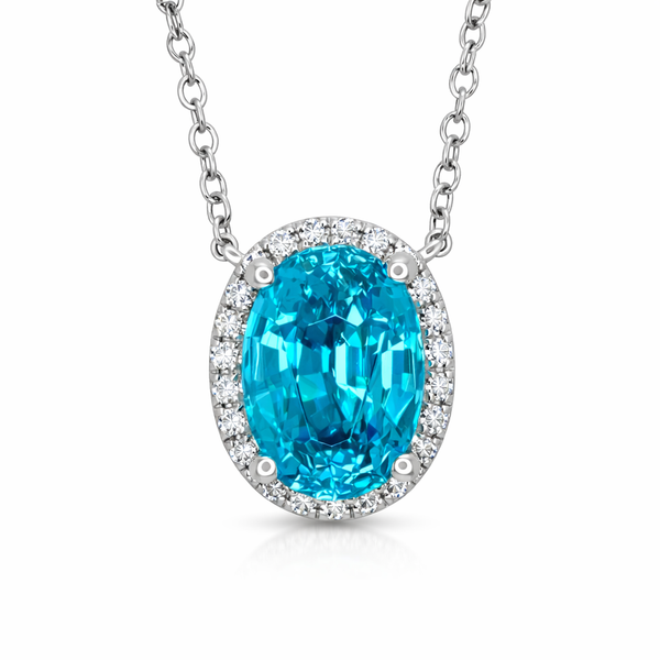 18KW BLUE ZIRCON DIAMOND HALO NECKLACE Gary J. Long Jewelers Stockton, CA