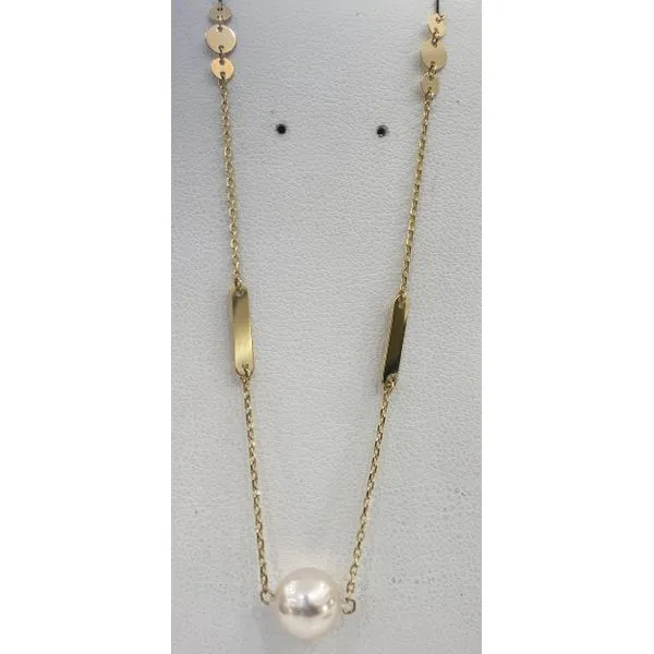 14K Yellow Gold Cultured Pearl Flat Bar/ Disc Station Necklace Gary J. Long Jewelers Stockton, CA