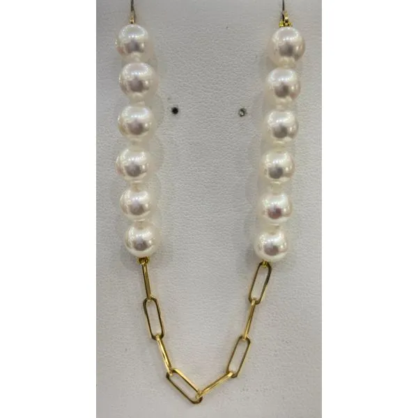 14K Yellow Gold Cultured Pearl Paperclip Station Necklace Gary J. Long Jewelers Stockton, CA