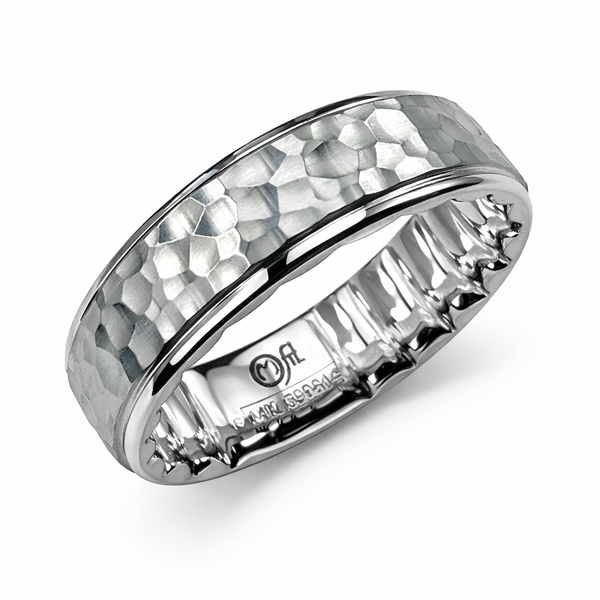 14KW FROSTED HAMMER TOP / HIGH POLISHED EDGE BAND Gary J. Long Jewelers Stockton, CA