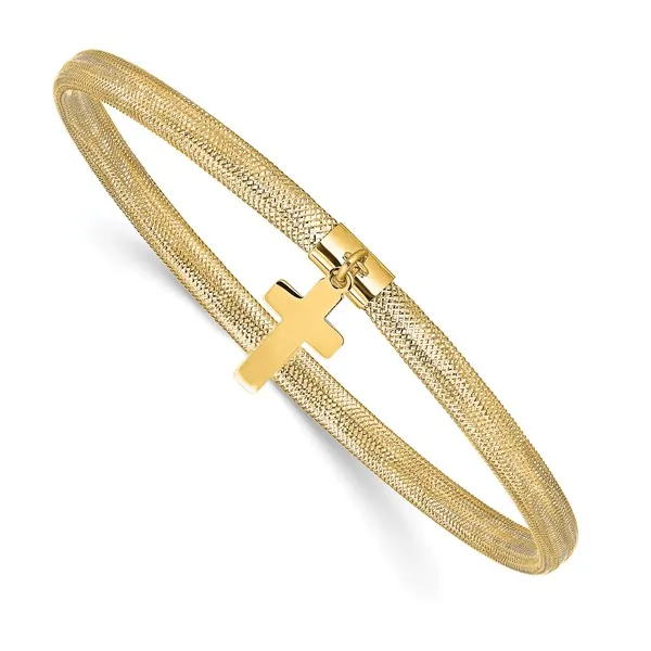 14K Yellow Gold Mesh Cross Charm Stretch Bracelet Gary J. Long Jewelers Stockton, CA