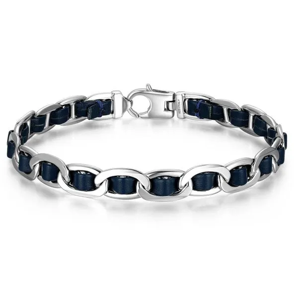 Sterling Silver Rhodium Mariner Chain with 4mm Flat Blue Leather Weave - 8.5" Bracelet Gary J. Long Jewelers Stockton, CA