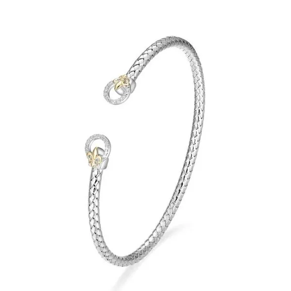 Sterling Silver and 14Kt White Gold Diamond Open Circle Fleur De Lis Braided Cuff Bracelet Gary J. Long Jewelers Stockton, CA