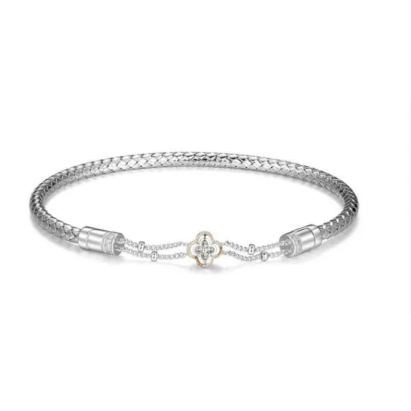 Sterling Silver and 14Kt Yellow Gold Diamond Clover/Chain Braided Cuff Bracelet Gary J. Long Jewelers Stockton, CA