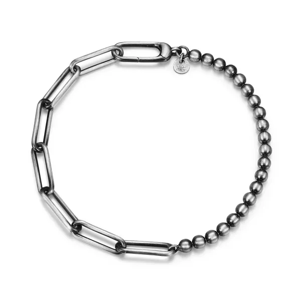 Sterling Silver Brushed Gunmetal Half Paper Clip Half Bead Bracelet Gary J. Long Jewelers Stockton, CA