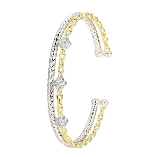 Sterling Silver Gold Plated Clover CZ Double Row Cuff Bracelet Gary J. Long Jewelers Stockton, CA