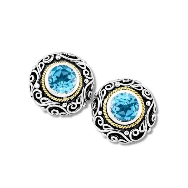 Sterling Silver/18Kt Round Blue Topaz Stud Earrings Gary J. Long Jewelers Stockton, CA