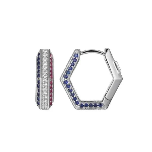 Stainless Steel Created Red/White/Blue Sapphire Hoop Earrings Gary J. Long Jewelers Stockton, CA