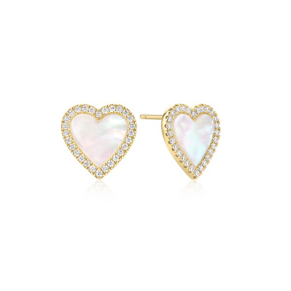 Gold Mother of Pearl Halo Heart Stud Earrings Golden Gifts Jewelry Milford, PA