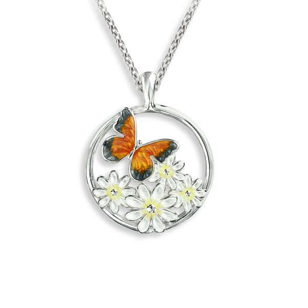 Sterling Silver Orange Butterfly with Daisies Necklace Golden Gifts Jewelry Milford, PA