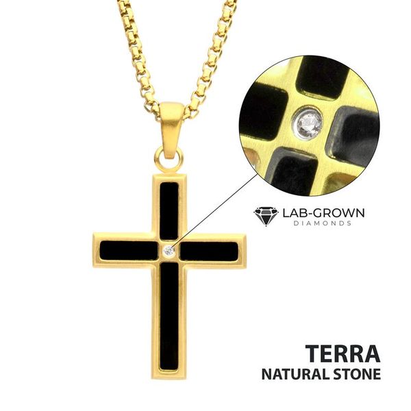 18Kt Gold Matte Finish Steel Black Onyx Cross Pendant Golden Gifts Jewelry Milford, PA