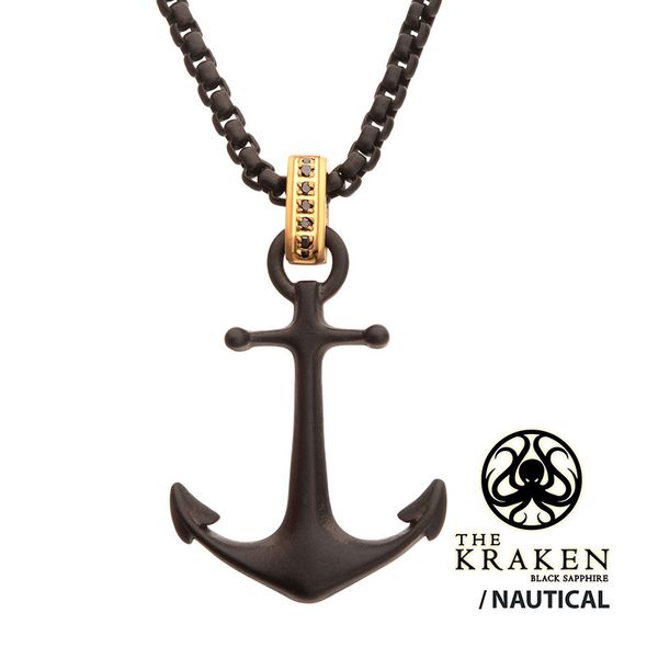 Black IP Steel Kraken Anchor Pendant with Black Sapphire Golden Gifts Jewelry Milford, PA