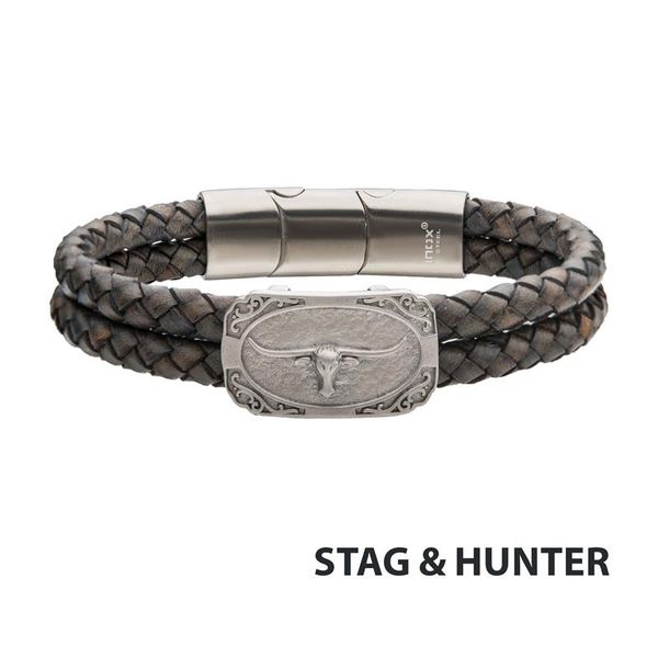 Gray Leather with Stainless Steel Longhorn Bracelet Golden Gifts Jewelry Milford, PA