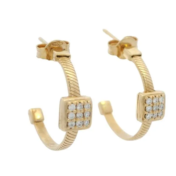 18K Yellow Gold Textured Huggie Earrings with 0.12 Carat Diamond Square Pave Set Station Image 2 Goldstein's Jewelers Mobile, AL